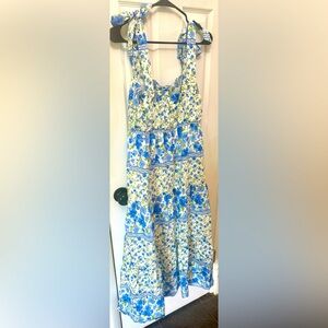 By The River Blue and White Floral Tiered Dress with Bow Detailing on Straps